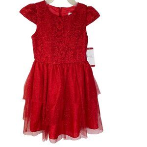 Rare Editions Girls Red Glitter Lace Tulle Dress With Cap Sleeves XL‎ 14-16  NWT